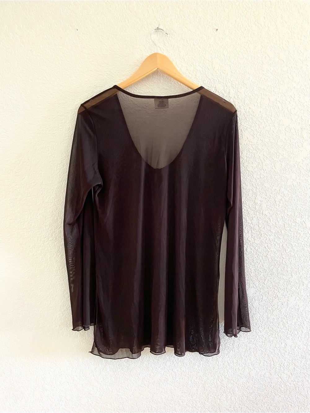 Vintage 90s Y2K Chocolate Brown Sheer Mesh Tie-Neck Long-Sleeve Top Sz L - Picture 6 of 10